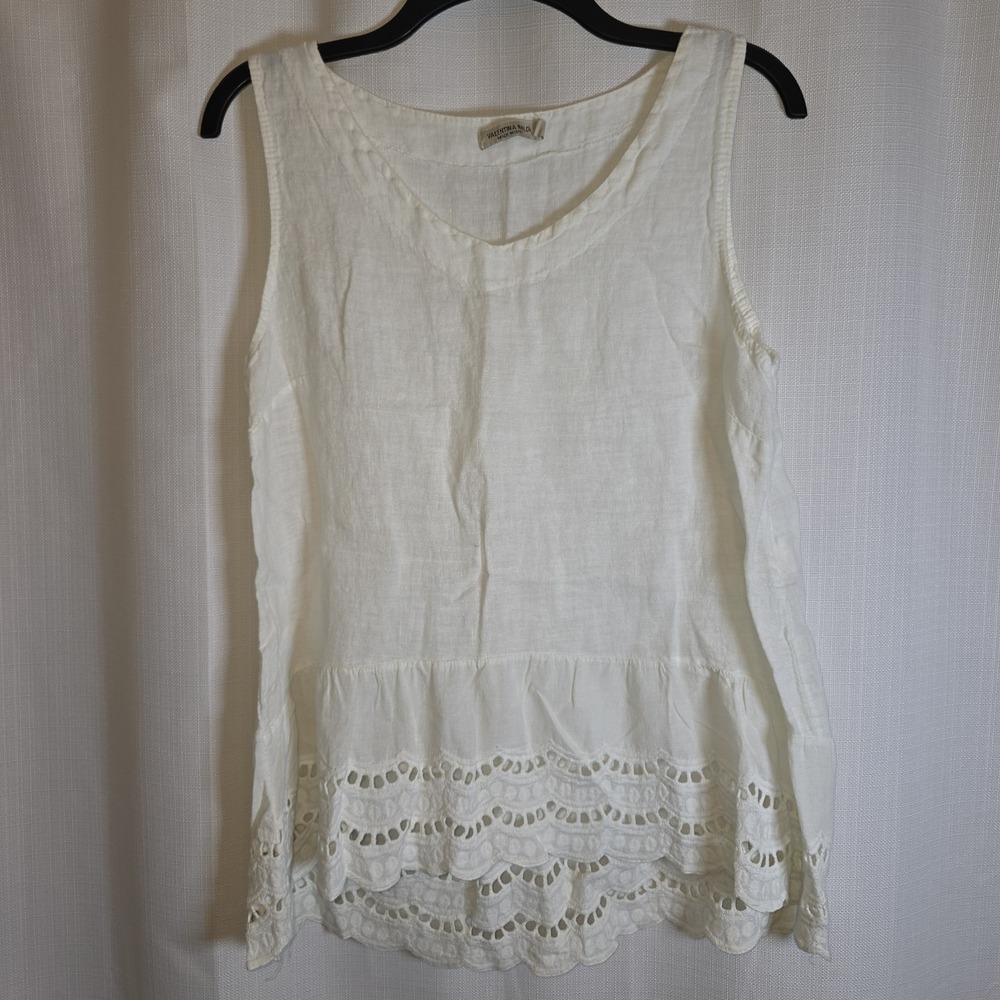 Valentina Naldi 100% linen sleeveless top eyelet ruffle Made in Italy Large